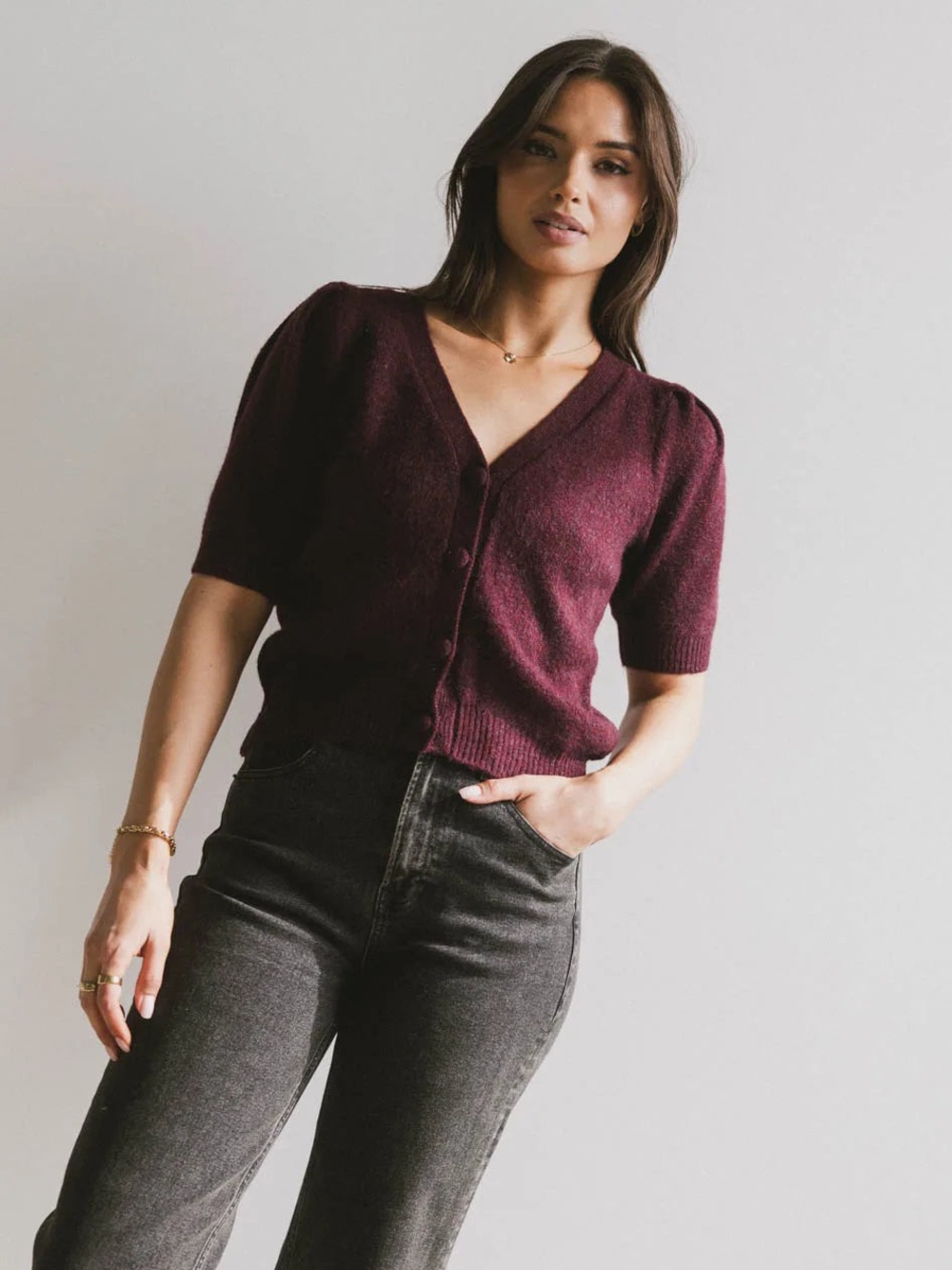 Bohme Colletta Short Sleeve Cardigan in Wine